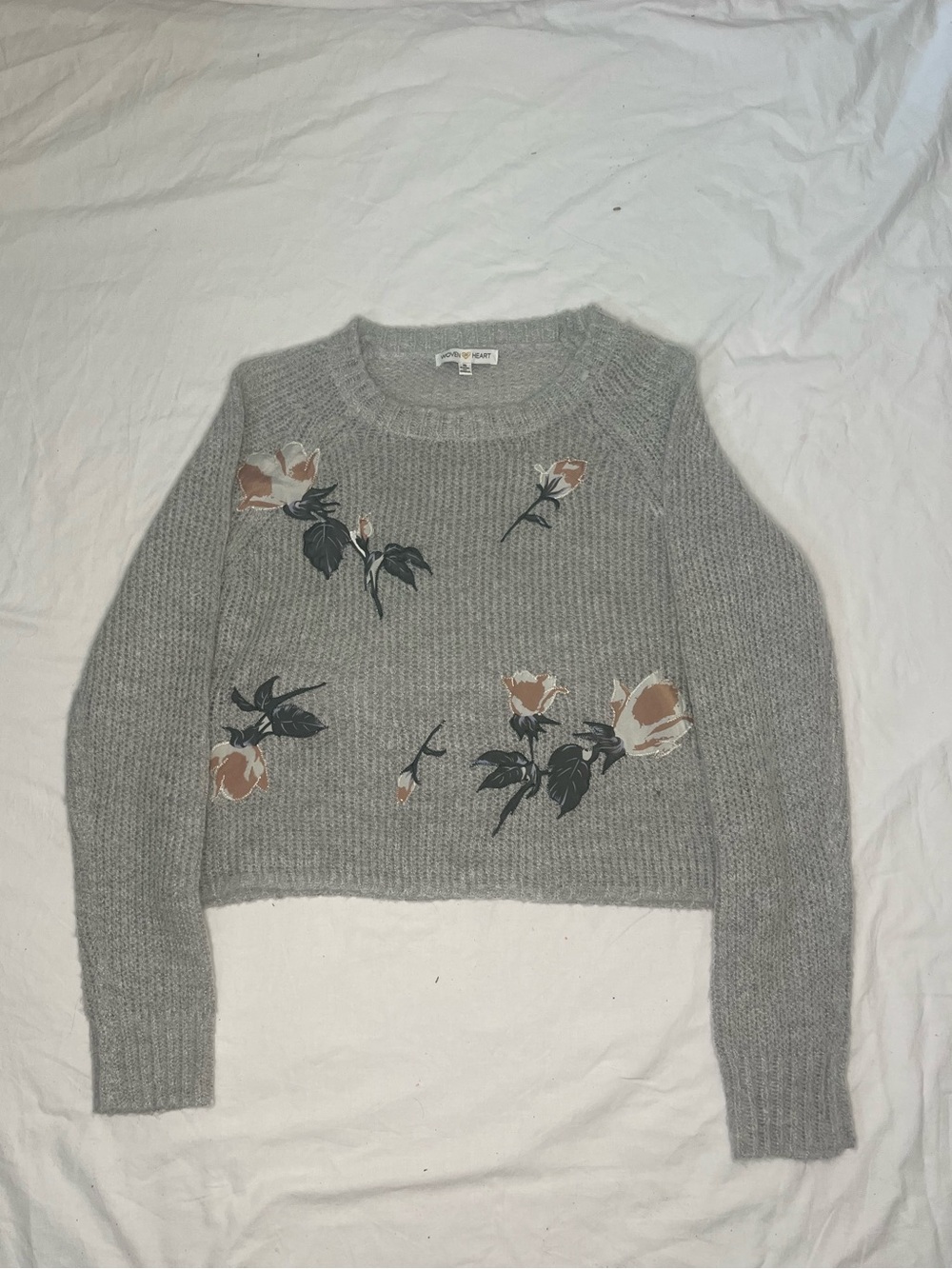 Woven Heart Gray Crewneck Sweater with Rose Appliqué